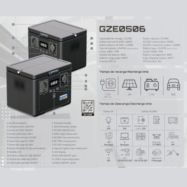 Estación de Energía GZE-0506 512 Wh 600 W - Imagen 3
