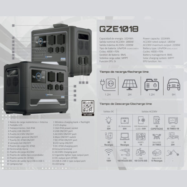 Estación de Energía GZE-1018 1024 Wh 1800 W - Imagen 3