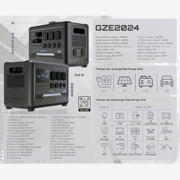 Estación de Energía GZE-2024 2048 Wh 2400 W - Imagen 3